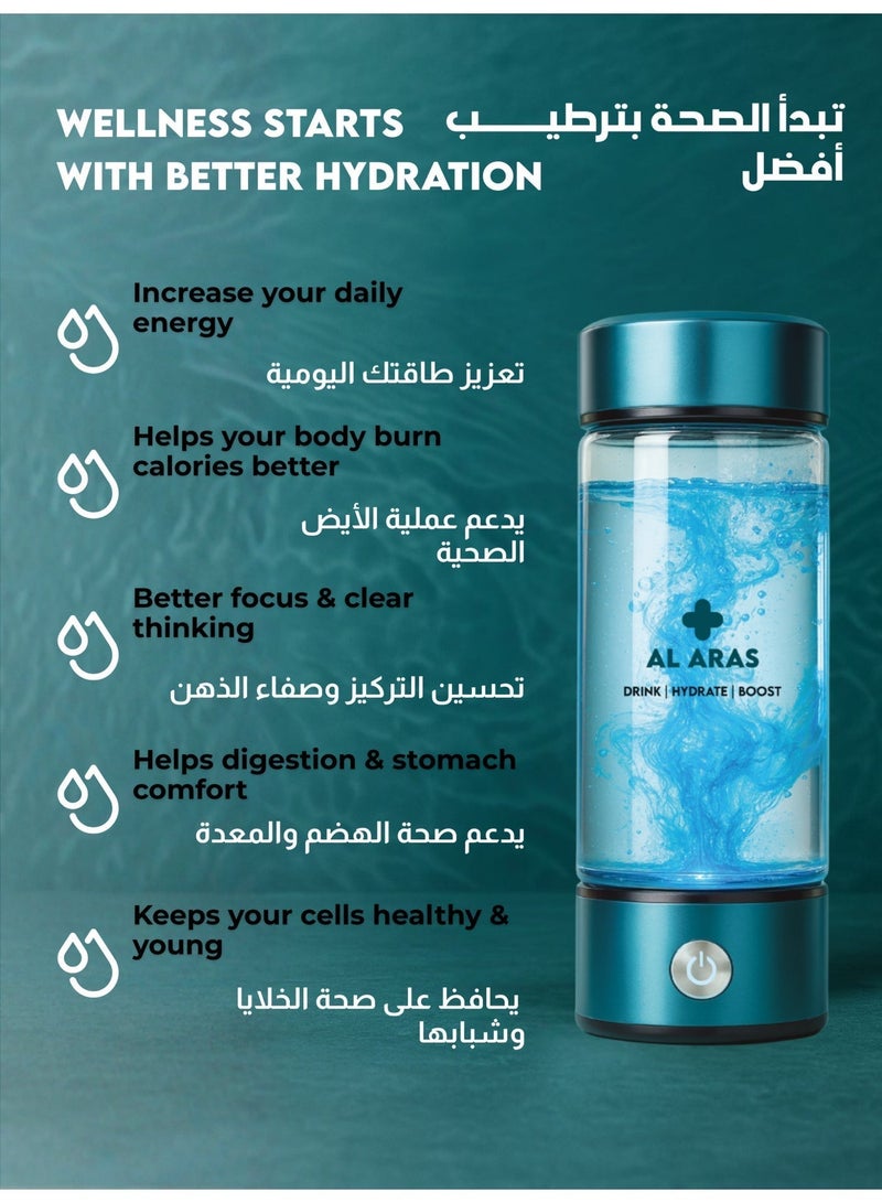 Al Aras Hydrogen Water Bottle Generator – 2200PPB | Portable Rechargeable SPE/PEM Hydrogen Water Maker, 420ml, Type-C, For Home Office Travel & Fitness - Image 4